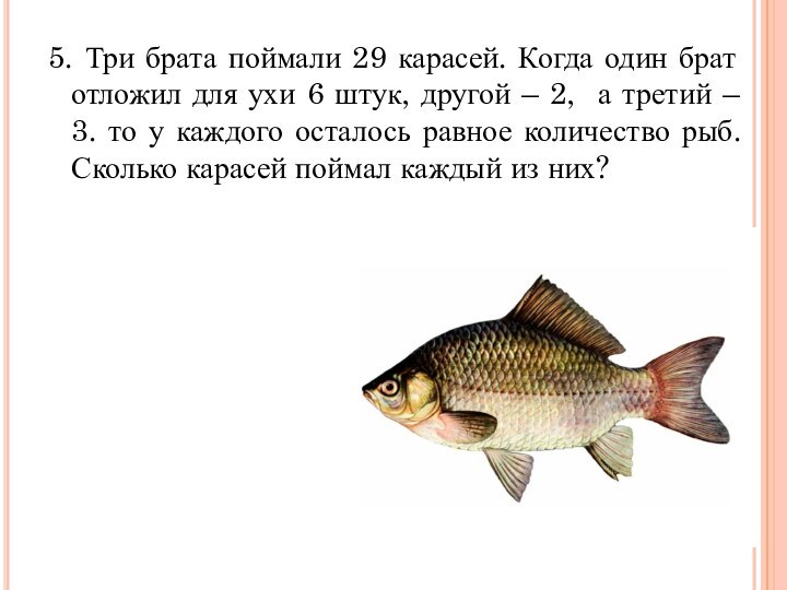 5. Три брата поймали 29 карасей. Когда один брат отложил для ухи