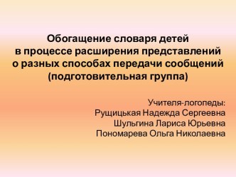 Обогащение словаря детей в процессе расширения представлений о разных способах передачи сообщений презентация к уроку по логопедии (подготовительная группа)