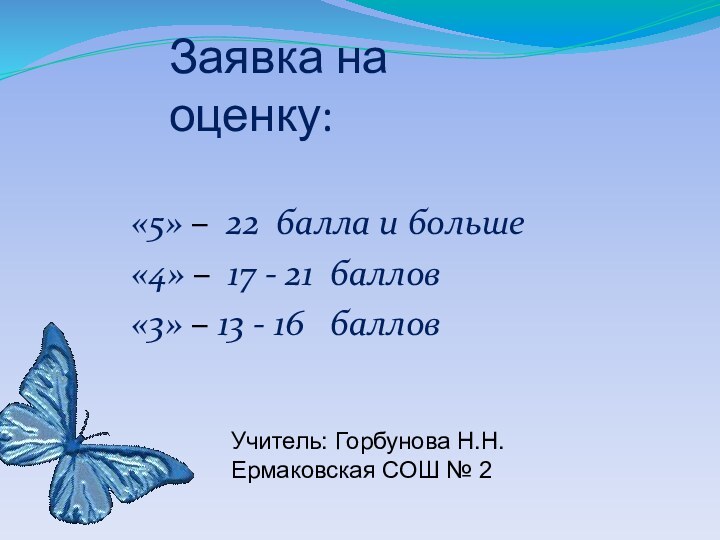 Заявка на оценку: «5» – 22 балла и больше«4» – 17 -