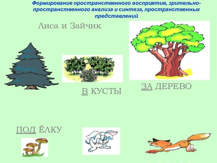 Формирование пространственного восприятия, зрительно-пространственного анализа и синтеза, пространственных представленийВ КУСТЫПОД ЁЛКУЗА ДЕРЕВОЛиса и Зайчик