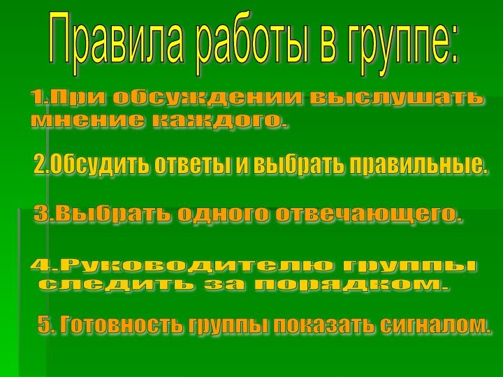 Правила работы в группе:1.При обсуждении выслушать  мнение каждого.2.Обсудить ответы и выбрать