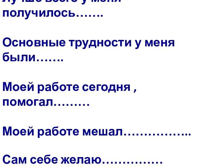 Лучше всего у меня получилось…….  Основные трудности у меня были…….