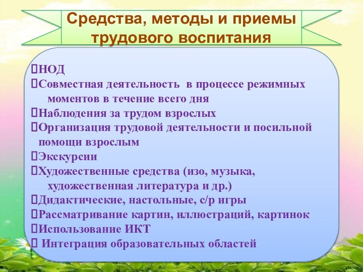 Средства, методы и приемы трудового воспитания НОДСовместная деятельность в процессе режимных