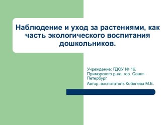 Наблюдение и уход за растениями, как часть экологического воспитания дошкольников. презентация к занятию по окружающему миру (старшая группа) по теме