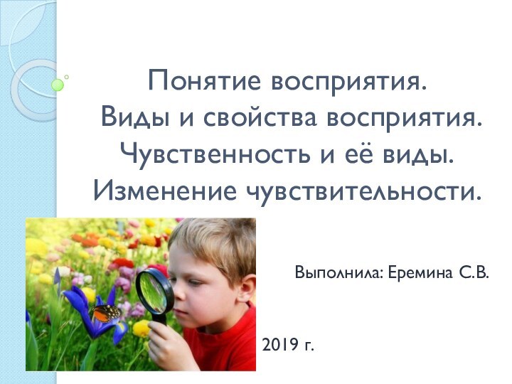 Понятие восприятия.  Виды и свойства восприятия. Чувственность и её виды. Изменение чувствительности.Выполнила: Еремина С.В.2019 г.