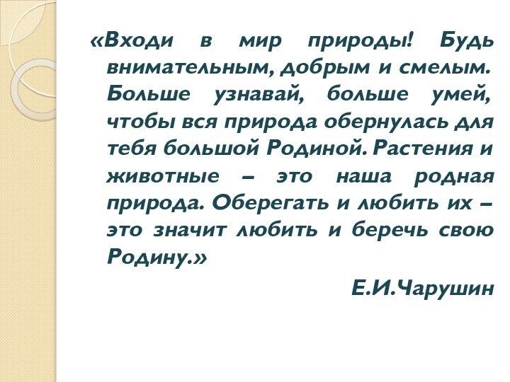 «Входи в мир природы! Будь внимательным, добрым и смелым. Больше узнавай, больше