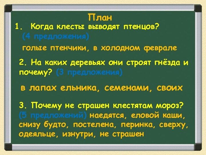 План Когда клесты выводят птенцов?  (4 предложения)голые птенчики, в холодном феврале2.