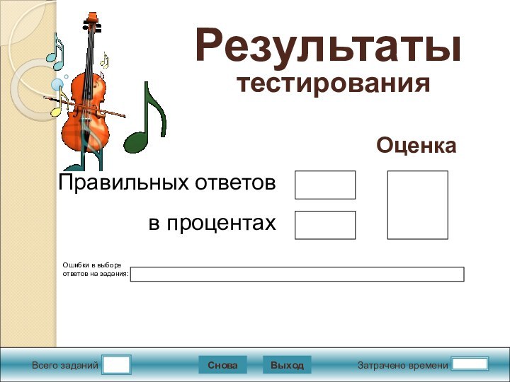 Всего заданийЗатрачено времениСноваВыходПравильных ответовв процентахОценкаРезультаты  тестированияОшибки в выборе ответов на задания: