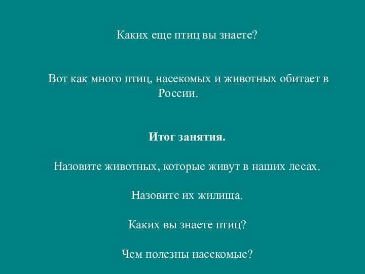 Каких еще птиц вы знаете?  Вот как много птиц, насекомых и животных обитает