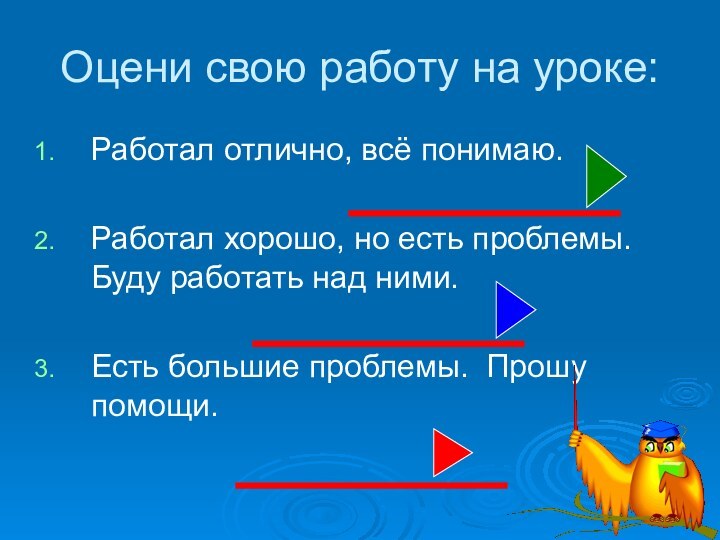 Оцени свою работу на уроке:Работал отлично, всё понимаю.Работал хорошо, но есть проблемы.