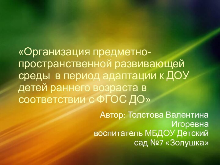 «Организация предметно- пространственной развивающей среды в период адаптации к ДОУ детей раннего