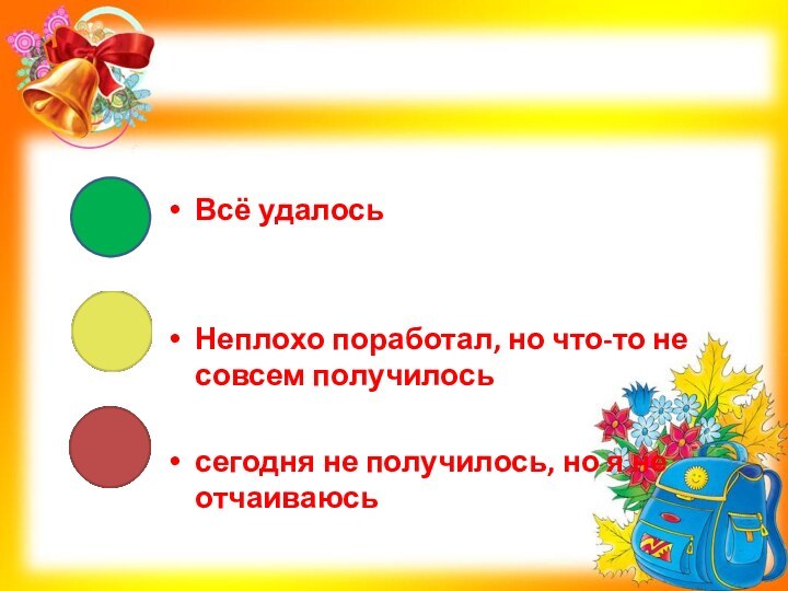 Всё удалосьНеплохо поработал, но что-то не совсем получилосьсегодня не получилось, но я не отчаиваюсь