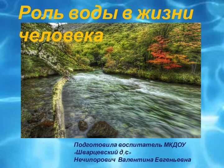 Роль воды в жизни человекаПодготовила воспитатель МКДОУ«Шварцевский д/с»Нечипорович Валентина Евгеньевна