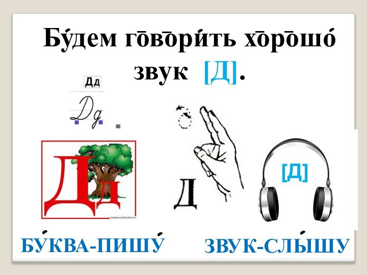 Будем говорить хорошозвук [Д].ЗВУК-СЛЫШУ[Д]БУКВА-ПИШУ