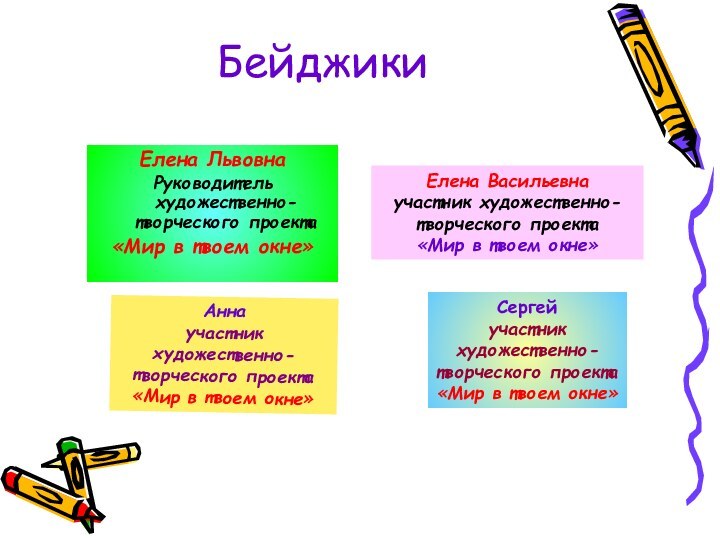 БейджикиЕлена ЛьвовнаРуководитель художественно-творческого проекта«Мир в твоем окне»Елена Васильевнаучастник художественно-творческого проекта«Мир в твоем