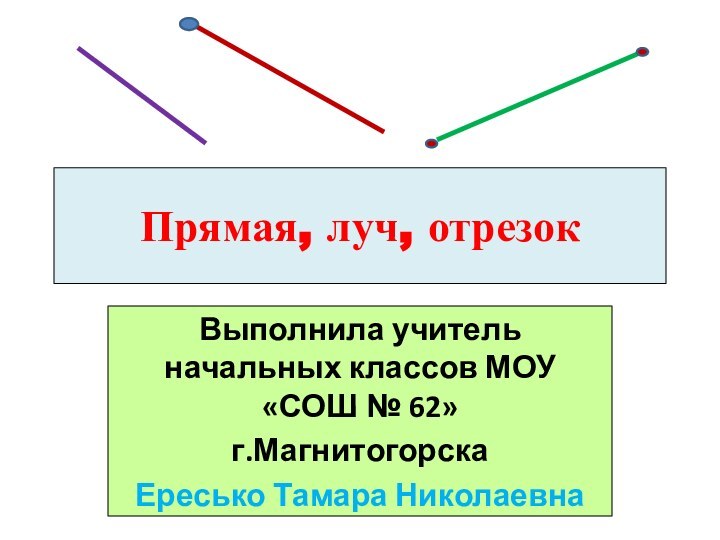 Прямая, луч, отрезокВыполнила учитель начальных классов МОУ «СОШ № 62»г.МагнитогорскаЕресько Тамара Николаевна