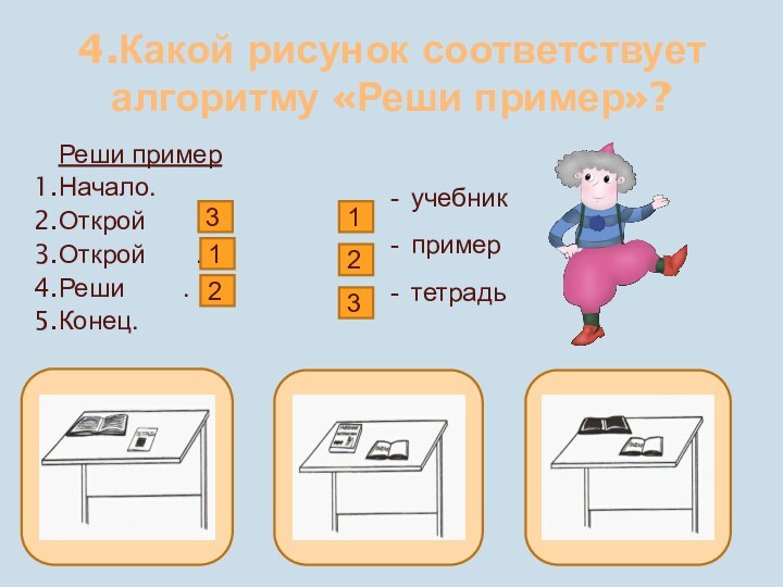 4.Какой рисунок соответствует алгоритму «Реши пример»? Реши примерНачало.Открой    .Открой