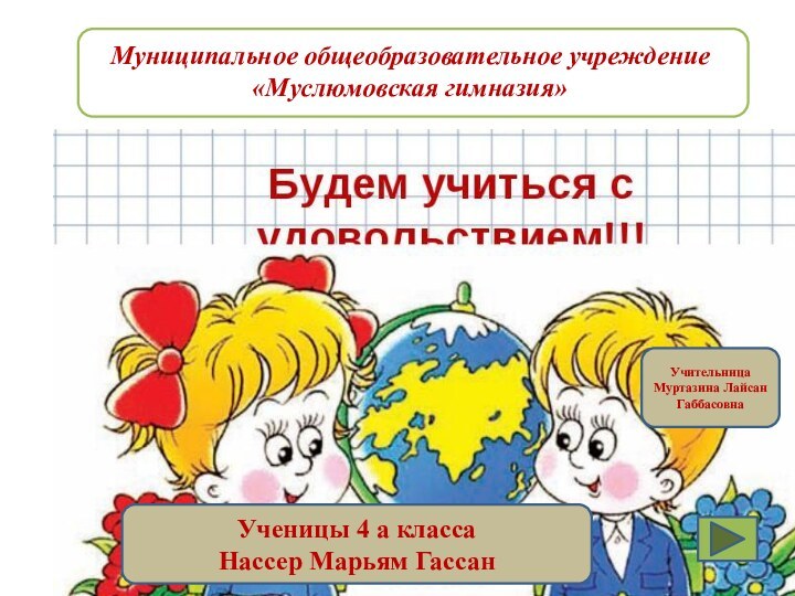 МуслюмовскММуниципальное общеобразовательное учреждение «Муслюмовская гимназия»Ученицы 4 а классаНассер Марьям Гассан Учительница Муртазина Лайсан Габбасовна