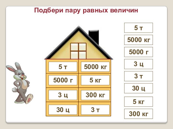 3 т5000 кг5 кг5000 г300 кг30 цПодбери пару равных величин3 ц5 т5