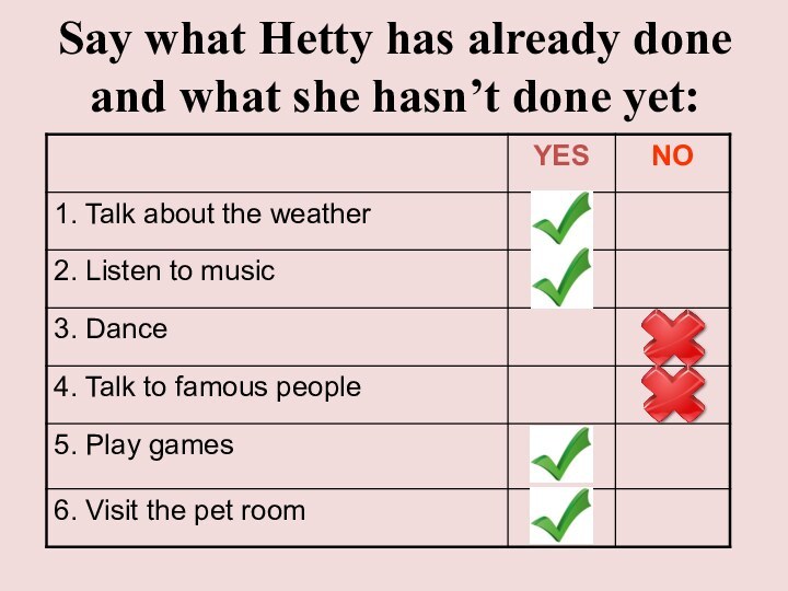 Say what Hetty has already done and what she hasn’t done yet: