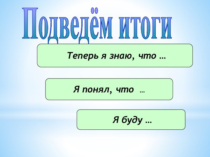 Подведём итоги Я буду … Теперь я знаю, что …Я понял, что …