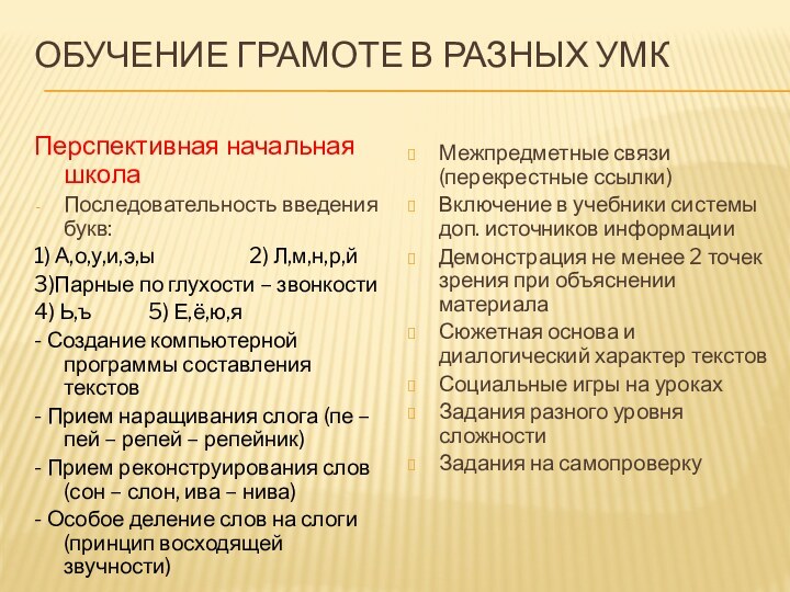 Обучение грамоте в разных УМК Перспективная начальная школаПоследовательность введения букв:1) А,о,у,и,э,ы