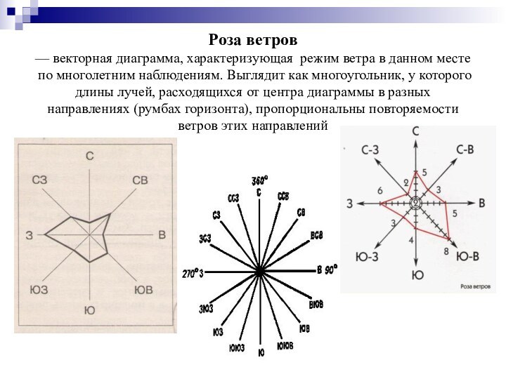 Роза ветров — векторная диаграмма, характеризующая  режим ветра в данном месте по многолетним наблюдениям. Выглядит как