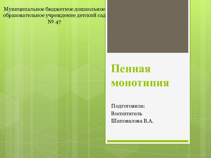 Пенная монотипияПодготовила:ВоспитательШаповалова В.А.Муниципальное бюджетное дошкольное образовательное учреждение детский сад № 47