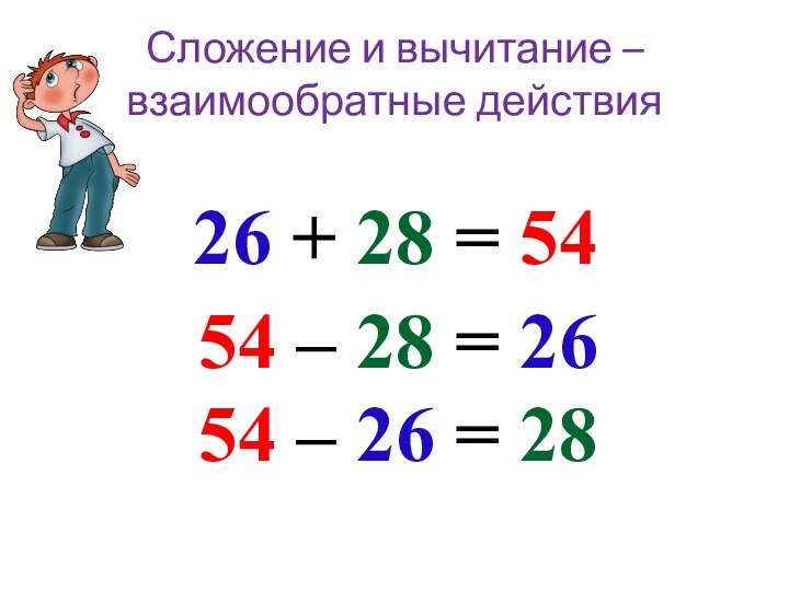 Сложение и вычитание –  взаимообратные действия54 – 26 = 2854 –