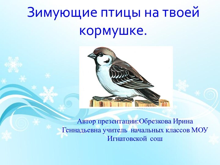 Зимующие птицы на твоей кормушке.Автор презентации:Обрезкова Ирина Геннадьевна учитель начальных классов МОУ Игнатовской сош