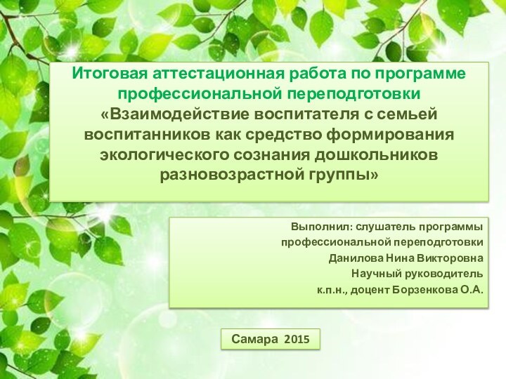 Итоговая аттестационная работа по программе профессиональной переподготовки «Взаимодействие воспитателя с семьей