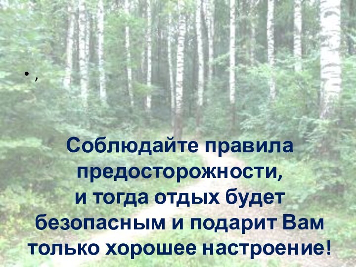 Соблюдайте правила предосторожности,  и тогда отдых будет безопасным и подарит Вам только хорошее настроение!,