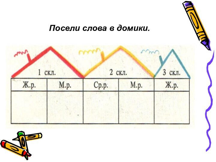 Посели слова в домики.