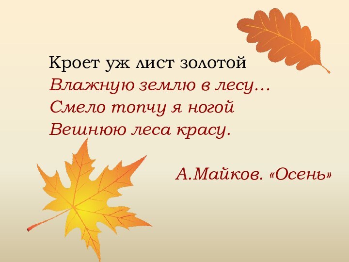 Кроет уж лист золотойВлажную землю в лесу…Смело топчу я ногойВешнюю леса красу.А.Майков. «Осень»