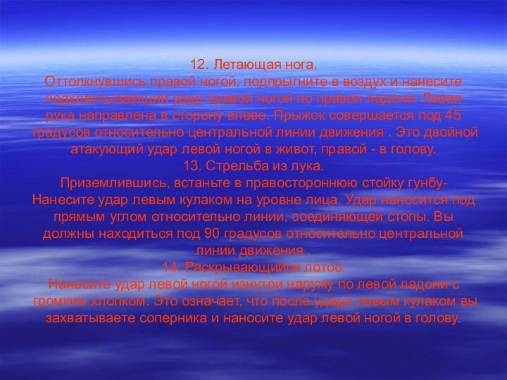 12. Летающая нога. Оттолкнувшись правой ногой, подпрыгните в воздух и нанесите подхлестывающий