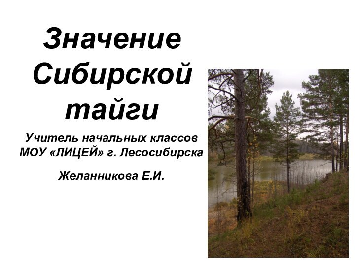 Значение Сибирской тайгиУчитель начальных классов МОУ «ЛИЦЕЙ» г. Лесосибирска Желанникова Е.И.