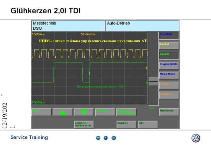 12/19/2021Glühkerzen 2,0l TDIШИМ - сигнал от блока управления свечами накаливания STДиагностический ответ DI