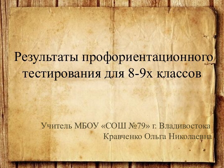 Результаты профориентационного тестирования для 8-9х классов Учитель МБОУ «СОШ №79» г. ВладивостокаКравченко Ольга Николаевна