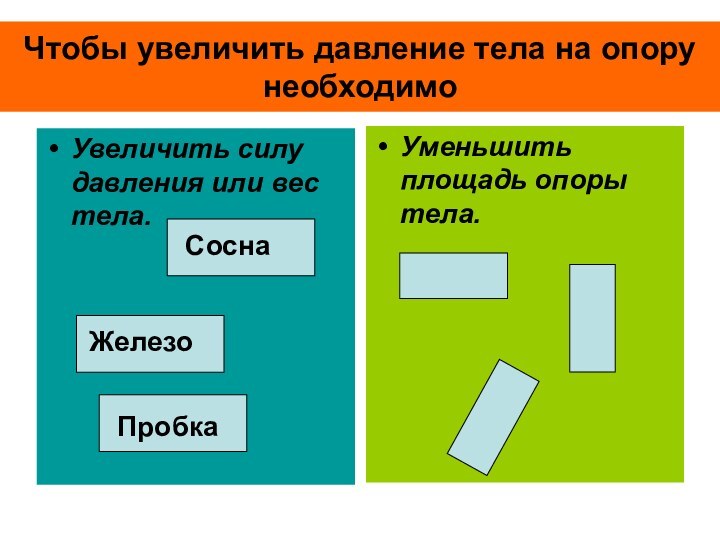 Чтобы увеличить давление тела на опору необходимоУвеличить силу давления или вес тела.Уменьшить площадь опоры тела.СоснаЖелезоПробка