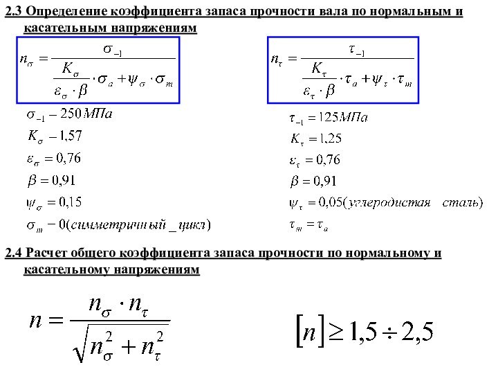 2.3 Определение коэффициента запаса прочности вала по нормальным и касательным напряжениям2.4 Расчет