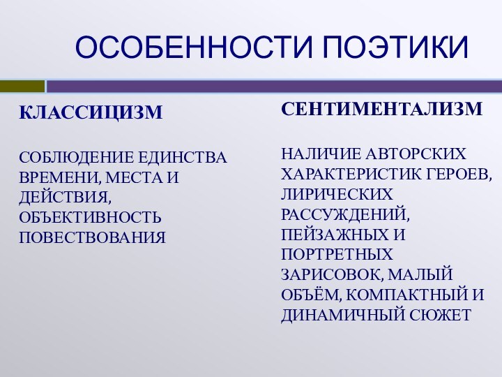 ОСОБЕННОСТИ ПОЭТИКИКЛАССИЦИЗМСОБЛЮДЕНИЕ ЕДИНСТВА ВРЕМЕНИ, МЕСТА И ДЕЙСТВИЯ, ОБЪЕКТИВНОСТЬ ПОВЕСТВОВАНИЯСЕНТИМЕНТАЛИЗМНАЛИЧИЕ АВТОРСКИХ ХАРАКТЕРИСТИК ГЕРОЕВ,