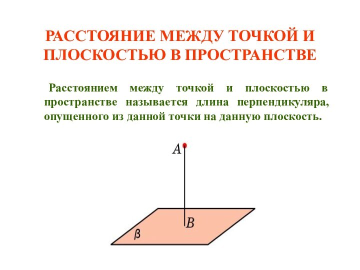 РАССТОЯНИЕ МЕЖДУ ТОЧКОЙ И ПЛОСКОСТЬЮ В ПРОСТРАНСТВЕ	Расстоянием между точкой и плоскостью в