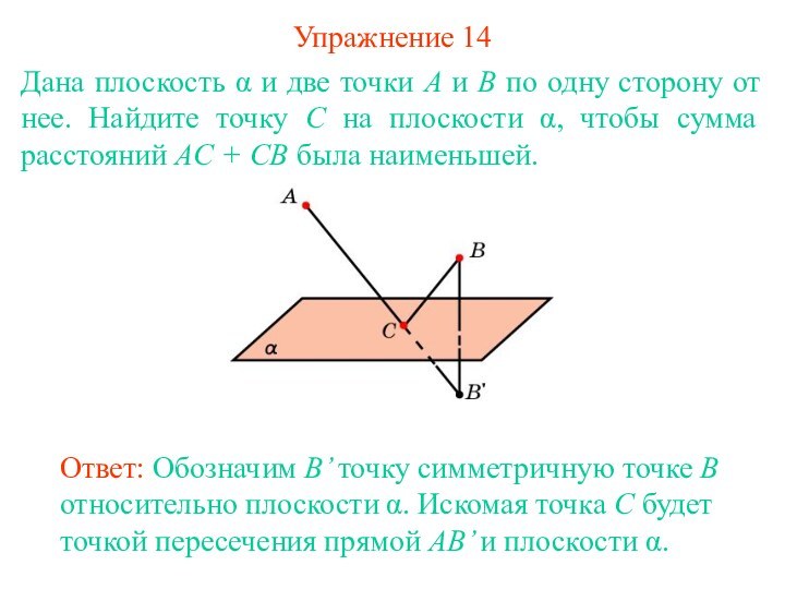 Упражнение 14Дана плоскость α и две точки A и B по одну