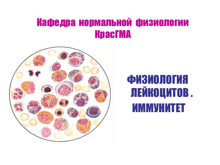 Кафедра нормальной физиологии КрасГМАФИЗИОЛОГИЯ ЛЕЙКОЦИТОВ . ИММУНИТЕТ