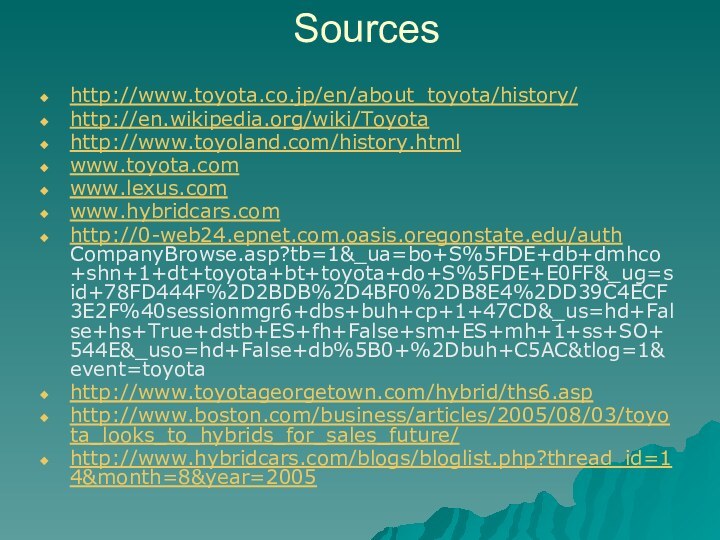 Sourceshttp://www.toyota.co.jp/en/about_toyota/history/http://en.wikipedia.org/wiki/Toyotahttp://www.toyoland.com/history.htmlwww.toyota.comwww.lexus.comwww.hybridcars.comhttp://0-web24.epnet.com.oasis.oregonstate.edu/auth CompanyBrowse.asp?tb=1&_ua=bo+S%5FDE+db+dmhco+shn+1+dt+toyota+bt+toyota+do+S%5FDE+E0FF&_ug=sid+78FD444F%2D2BDB%2D4BF0%2DB8E4%2DD39C4ECF3E2F%40sessionmgr6+dbs+buh+cp+1+47CD&_us=hd+False+hs+True+dstb+ES+fh+False+sm+ES+mh+1+ss+SO+544E&_uso=hd+False+db%5B0+%2Dbuh+C5AC&tlog=1& event=toyotahttp://www.toyotageorgetown.com/hybrid/ths6.asp	http://www.boston.com/business/articles/2005/08/03/toyota_looks_to_hybrids_for_sales_future/http://www.hybridcars.com/blogs/bloglist.php?thread_id=14&month=8&year=2005