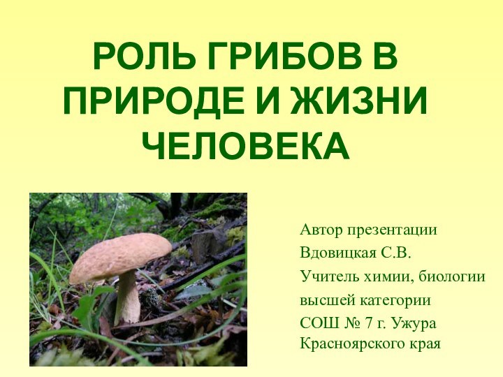 РОЛЬ ГРИБОВ В ПРИРОДЕ И ЖИЗНИ ЧЕЛОВЕКААвтор презентацииВдовицкая С.В.Учитель химии, биологиивысшей категорииСОШ