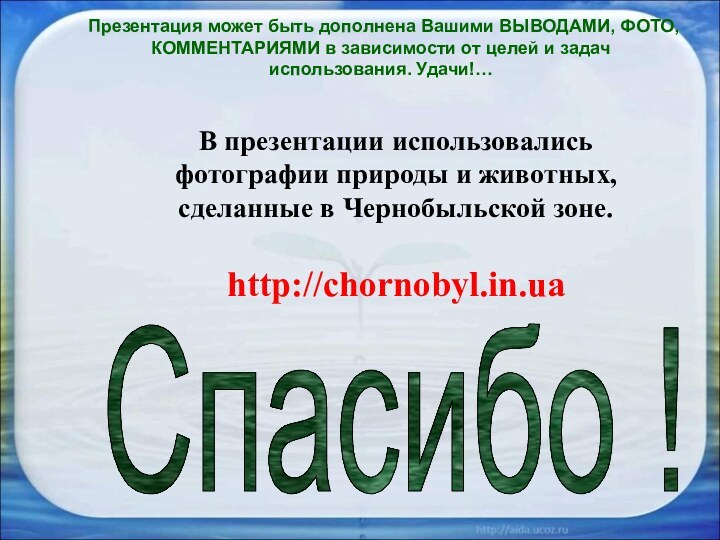 В презентации использовались фотографии природы и животных, сделанные в Чернобыльской зоне.http://chornobyl.in.uaСпасибо !Презентация