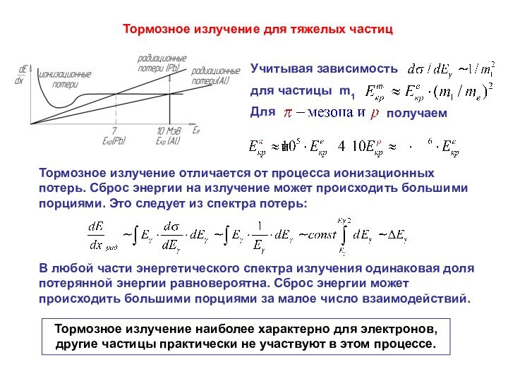 Тормозное излучение для тяжелых частицУчитывая зависимостьдля частицы m1ДляТормозное излучение отличается от процесса