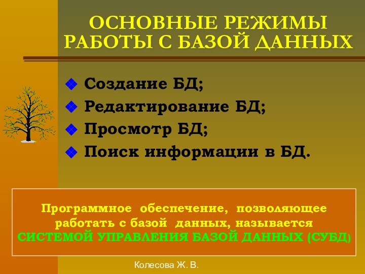 Колесова Ж. В.ОСНОВНЫЕ РЕЖИМЫ РАБОТЫ С БАЗОЙ ДАННЫХСоздание БД;Редактирование БД;Просмотр БД;Поиск информации