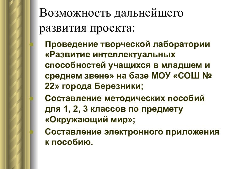 Возможность дальнейшего развития проекта:Проведение творческой лаборатории «Развитие интеллектуальных способностей учащихся в младшем